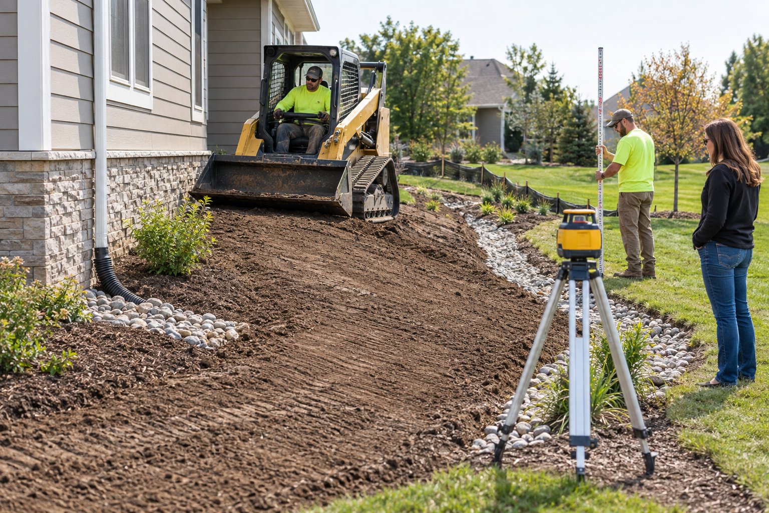 Excavation contractor grading soil to direct water away from a home's foundation.
