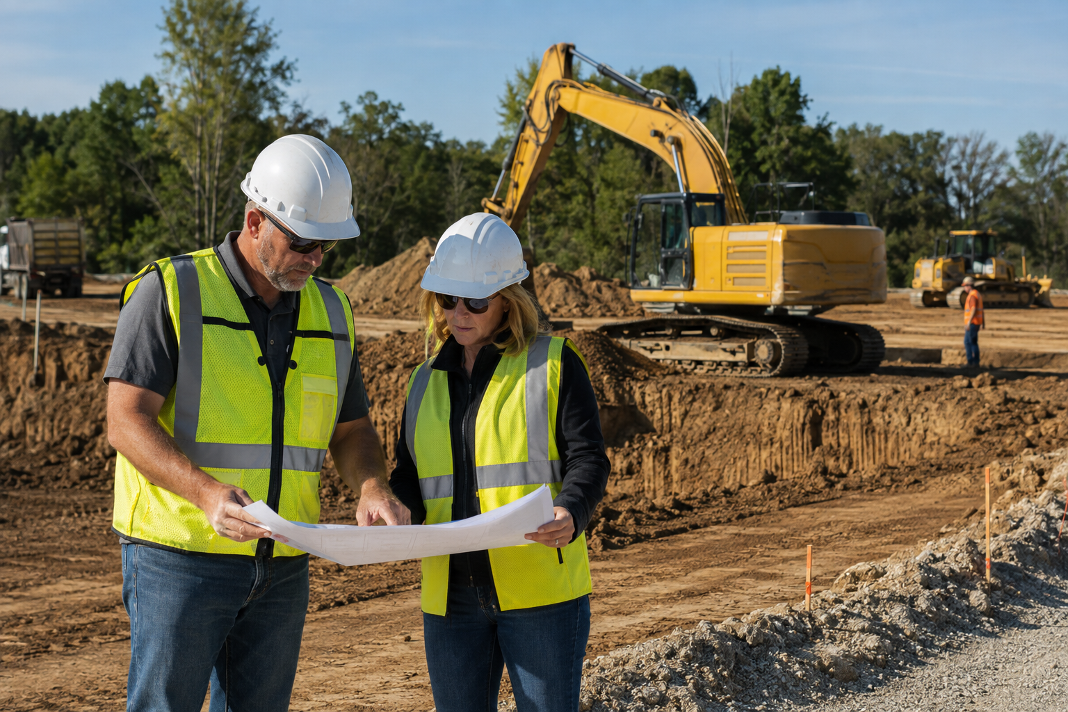 Excavating company contractor reviewing project plans with a property owner at a construction site.