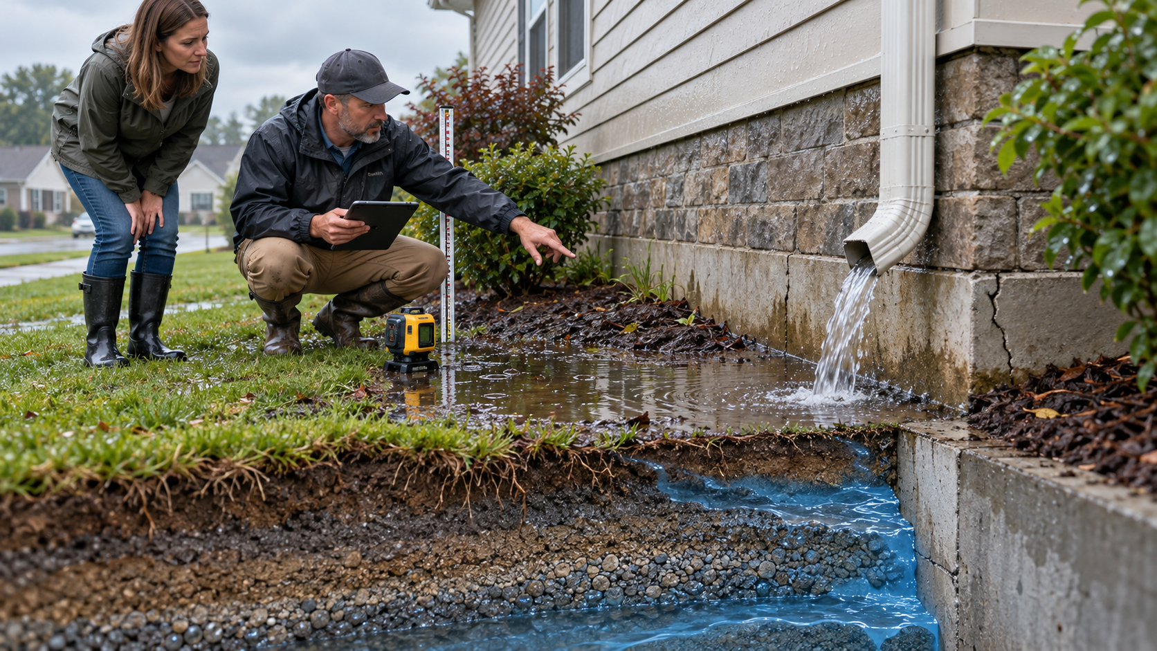 Foundation contractor inspecting poor yard drainage