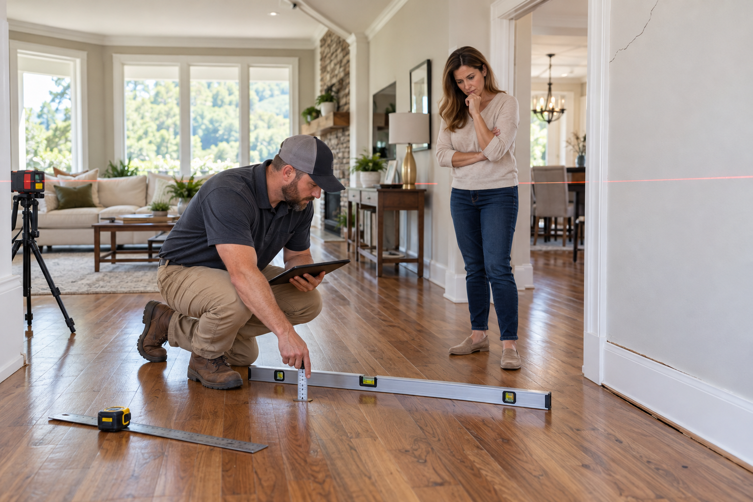 Foundation contractor inspecting uneven floors