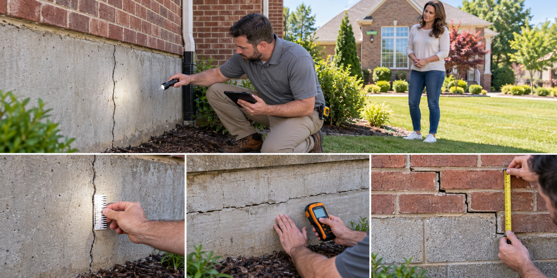 Foundation crack inspection at a Murfreesboro home showing different vertical and horizontal cracks