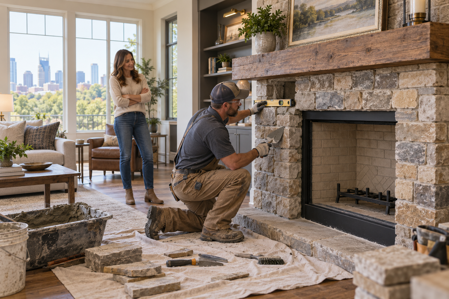 Professional mason building a custom stone fireplace inside a Nashville home.