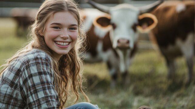 A smiling person in a plaid shirt poses in a field with a brown and white cow in the background.