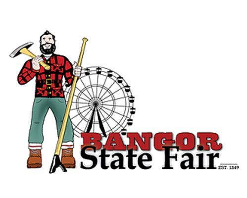 Logo for the Bangor State Fair featuring a cartoon lumberjack holding an axe and pike, with a ferris wheel in the back.