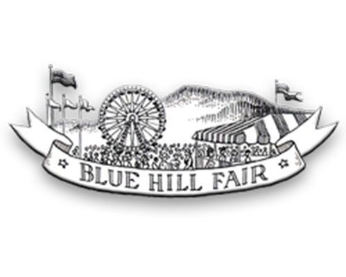 Black and white logo of the Blue Hill Fair featuring a Ferris wheel, a crowd, and striped tents under a mountain.
