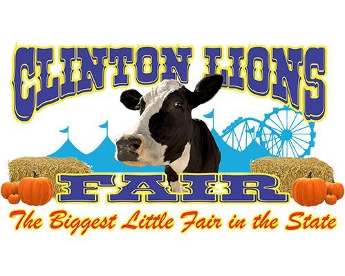 Logo for the Clinton Lions Fair featuring a cow, hay bales, pumpkins, and a Ferris wheel on a blue background.