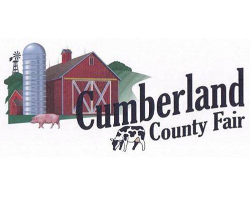 Logo for Cumberland County Fair featuring a red barn, a silo, a pig, and a cow on a green hill.