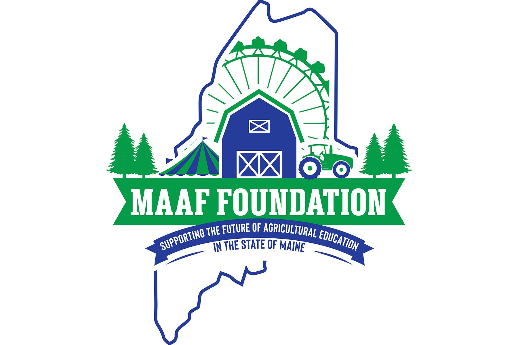 Logo for the MAAF Foundation, featuring a Maine state outline, a barn, tractor, ferris wheel, and pine trees.