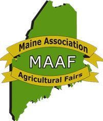 A green silhouette of Maine with a yellow ribbon overlay reading 'Maine Association MAAF Agricultural Fairs.'