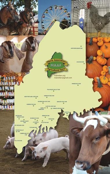 A collage of Maine agricultural fair scenes arranged around a map of Maine with the Maine Association of Agricultural Fairs.