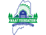 Logo for the MAAF Foundation, featuring a Maine state outline, a barn, tractor, and trees with blue and green colors.