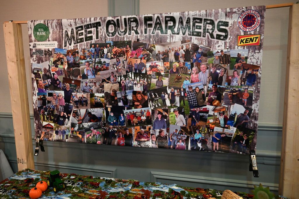A 'Meet Our Farmers' banner collage displays many photos of people on a wooden stand above a table with autumn decor.