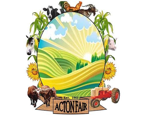 Logo for Acton Fair featuring a scenic landscape, farm animals, corn, sunflowers, and a tractor.