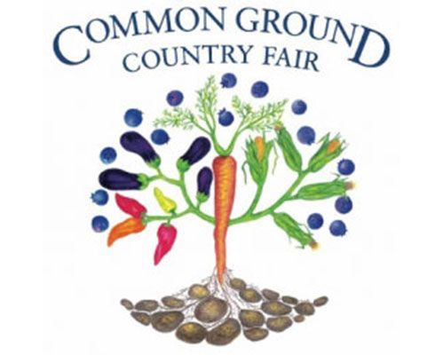 Logo for the Common Ground Country Fair, featuring a carrot with branches made of various vegetables and blueberries.