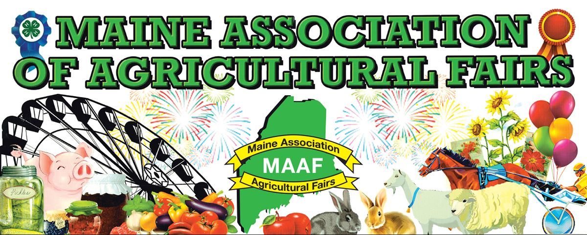 Banner for the Maine Association of Agricultural Fairs featuring a map of Maine, farm animals, a Ferris wheel, and produce.