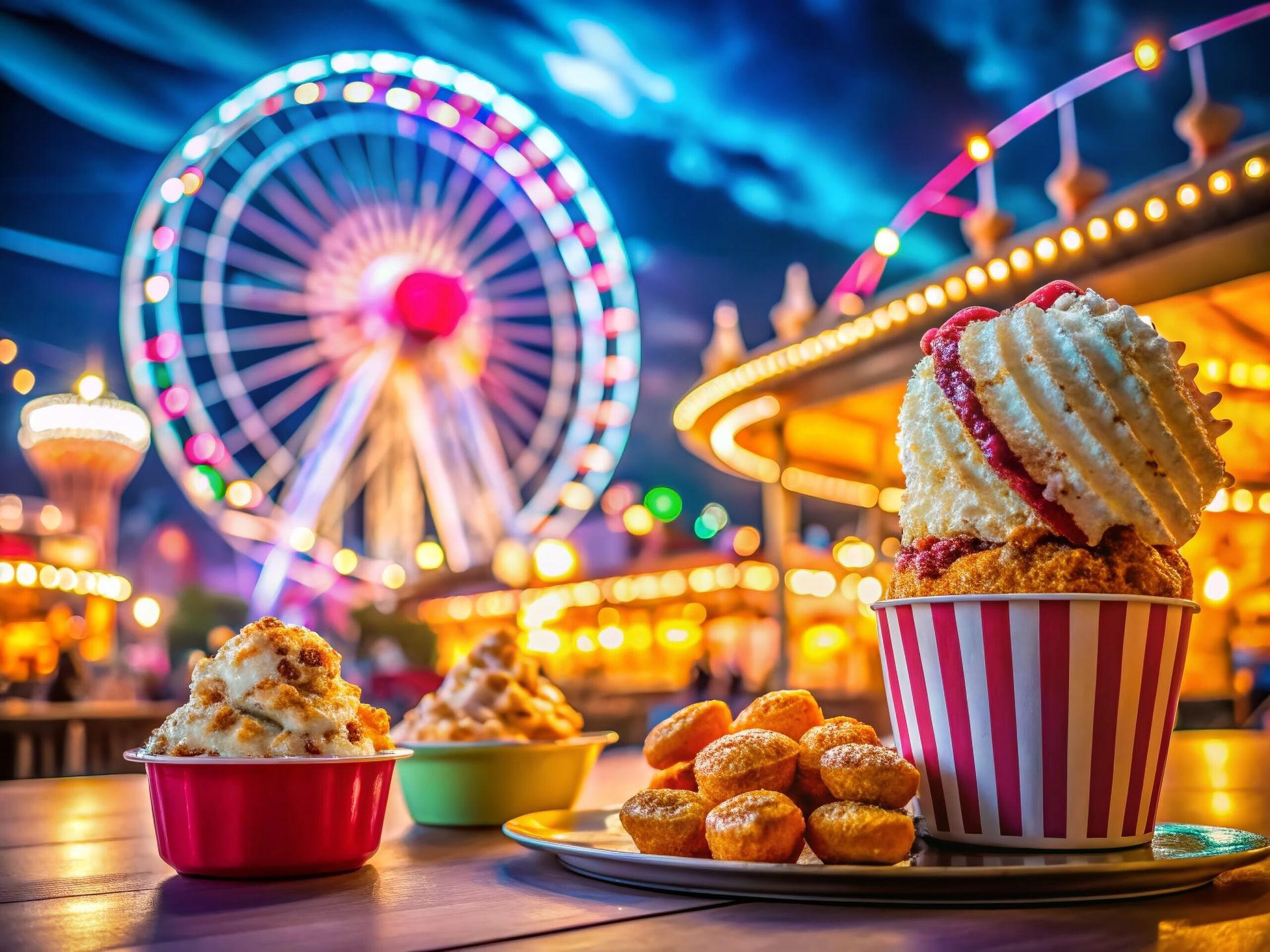 A carnival setting at night with a Ferris wheel, carousel, and table-top snacks including a large, cream-topped dessert.