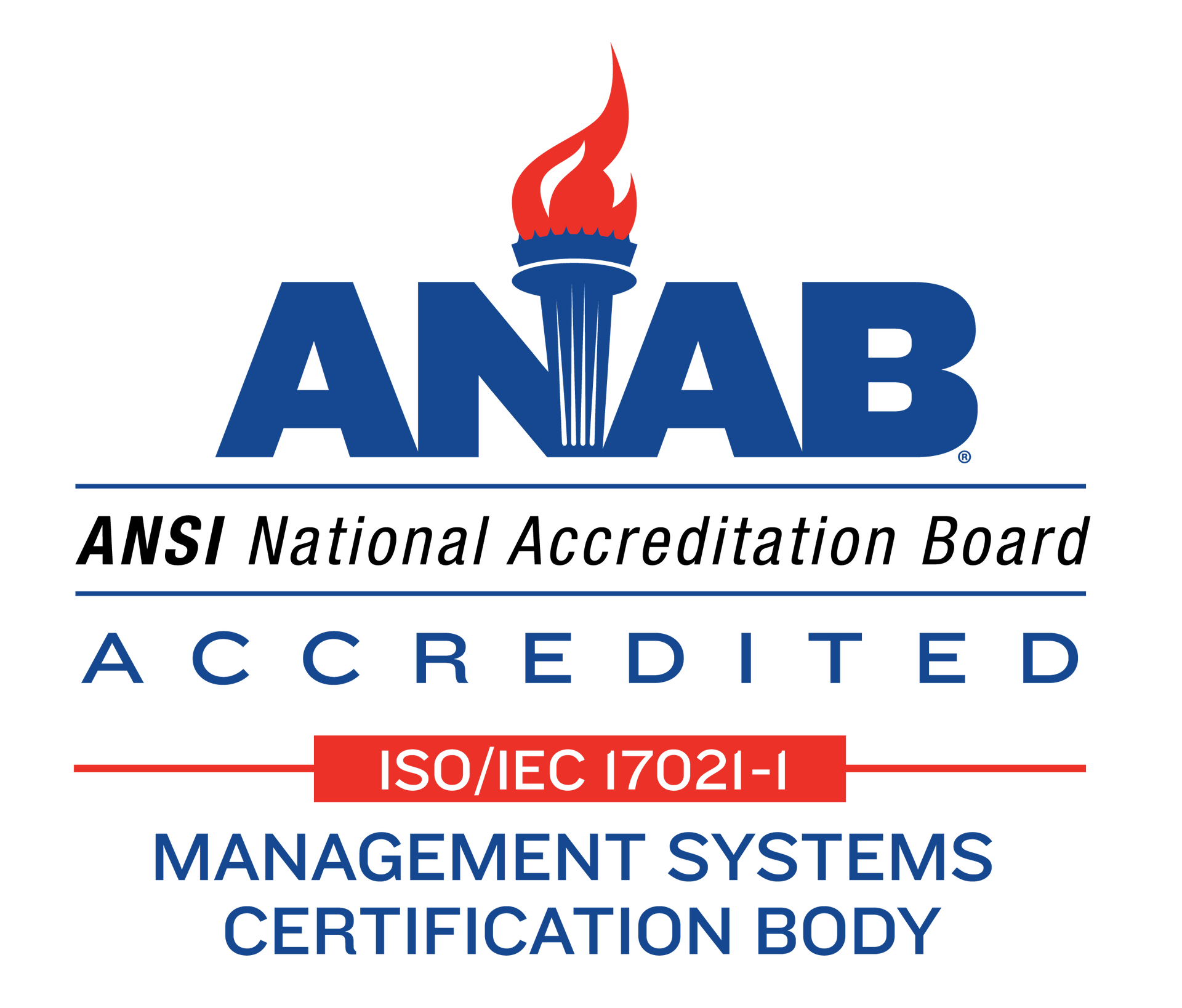 ANAB accredited logo with red flame, blue lettering, and ISO/IEC 17021-1 management systems certification body text