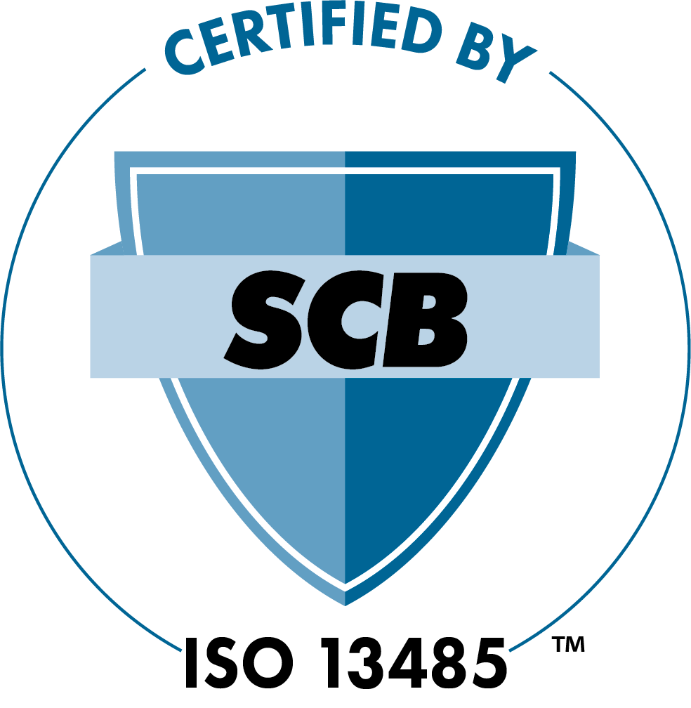 Certified SCB ISO 13485 logo with blue shield and text on white background