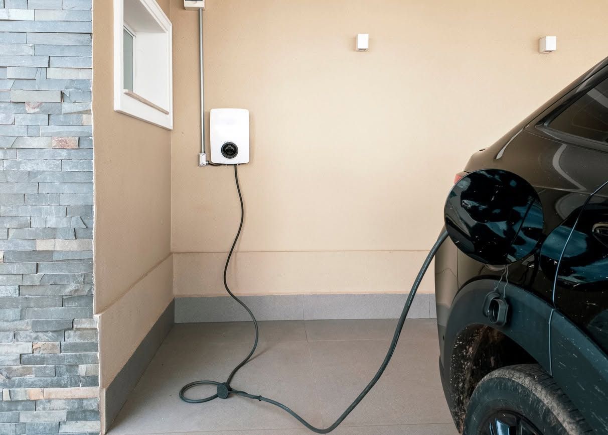 Electric car charging in a driveway next to a beige wall and outdoor charger