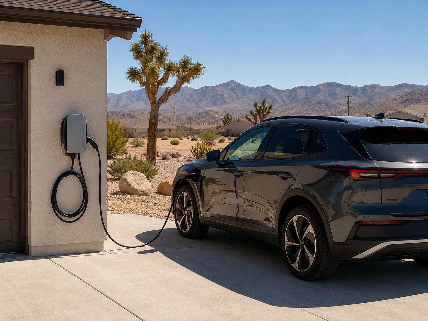 Electric vehicle charging port plugged into a white wall charger beside a brick wall.
