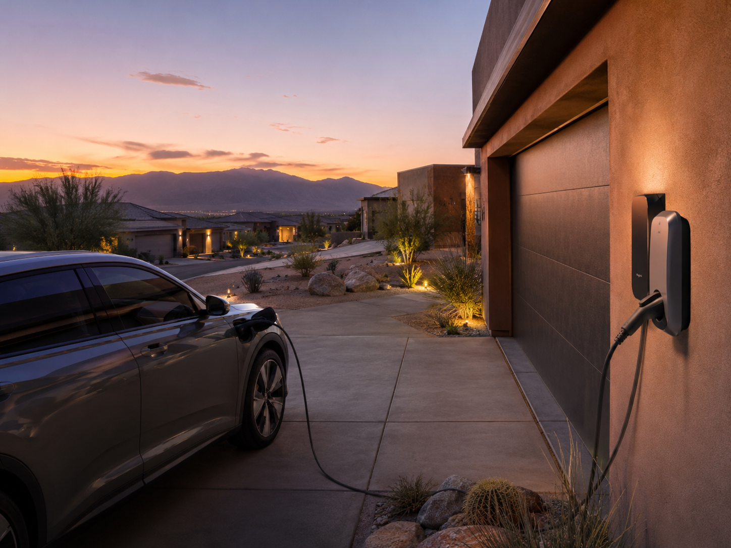 Electric car charging in a garage, with a charging cable connected to a black vehicle.