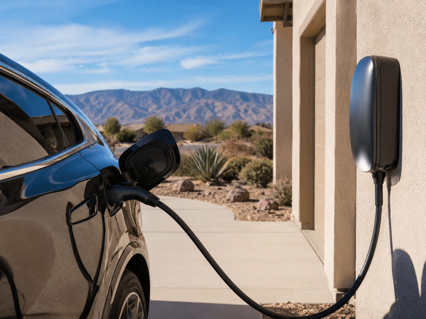 White Tesla wall charger with coiled black cable mounted on a concrete wall.