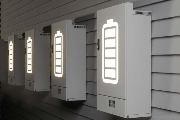 Row of illuminated white wall-mounted electrical boxes on a gray exterior siding wall