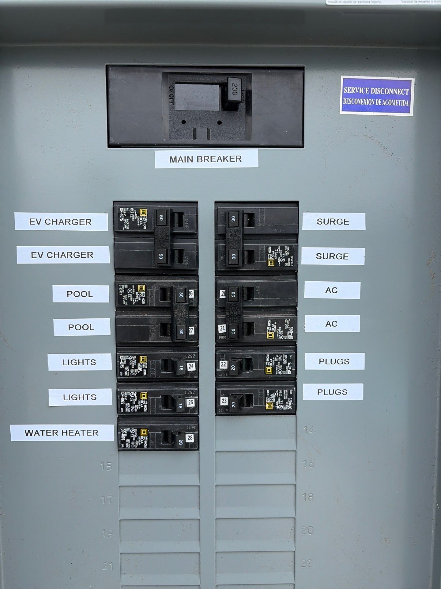 Electrical breaker panel with labeled switches on a gray wall.