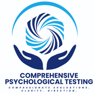 Logo for Comprehensive Psychological Testing with blue swirl and cupped hands on white background