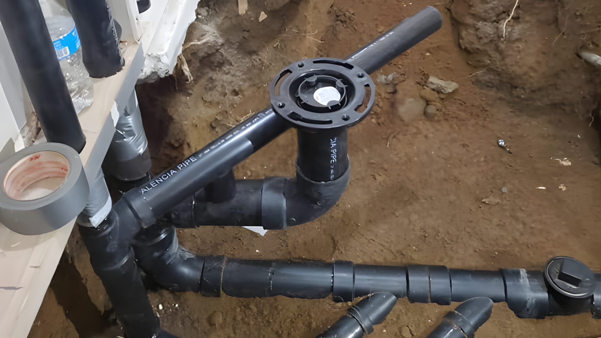 Black PVC plumbing pipes and a valve assembly in a dirt trench during installation