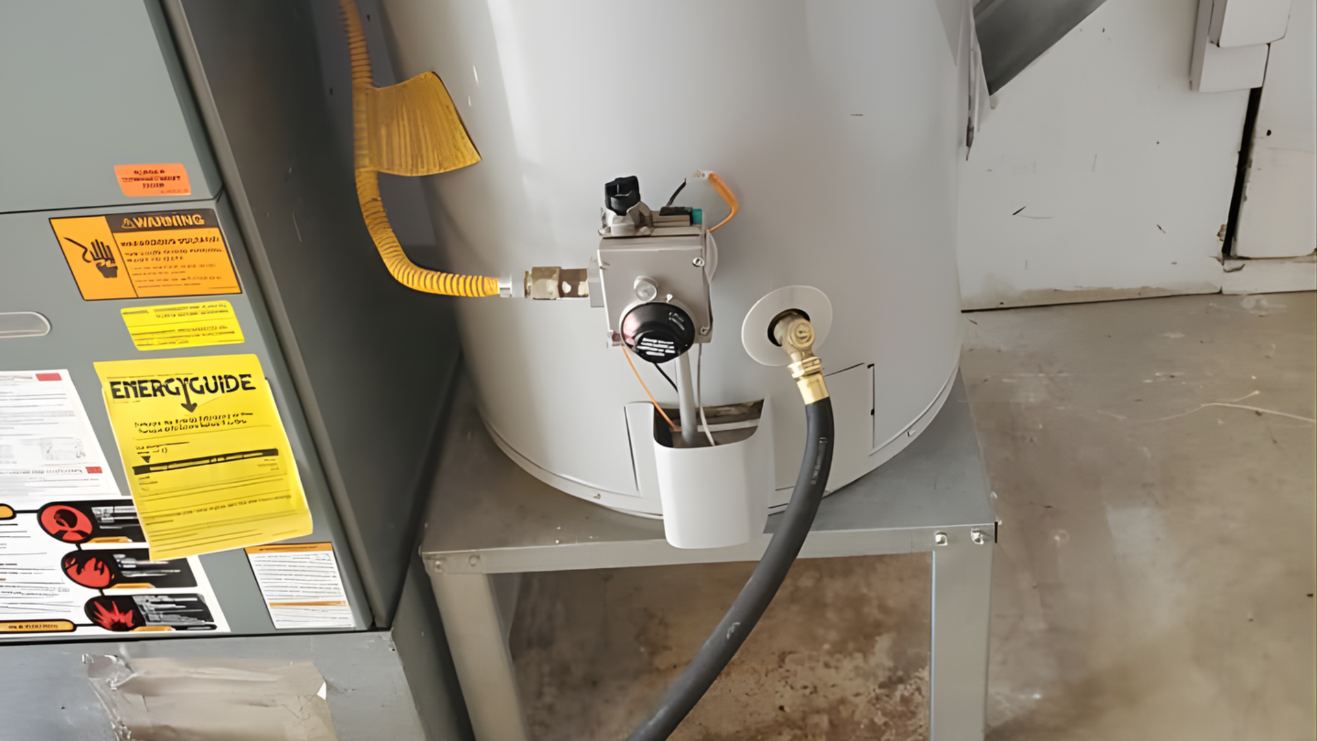 Water heater with connected hose beside a furnace in a utility room.