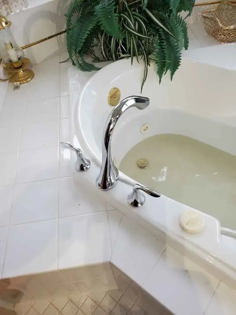 Bathtub with chrome faucet, white tile, and green fern plant by the wall