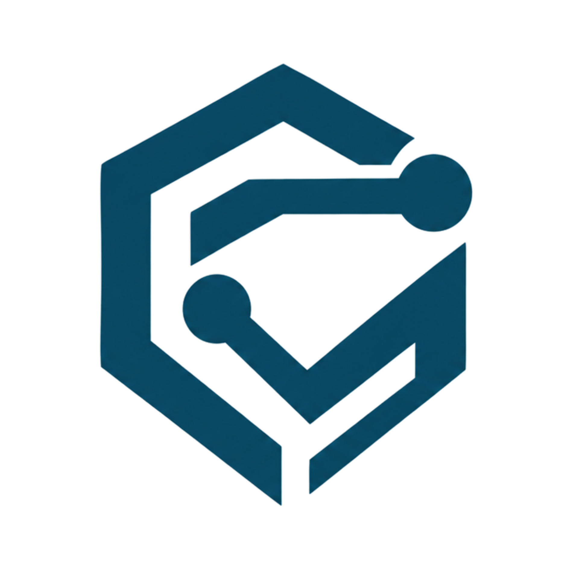 Teal geometric hexagon logo with circuit-like lines and dots on white background