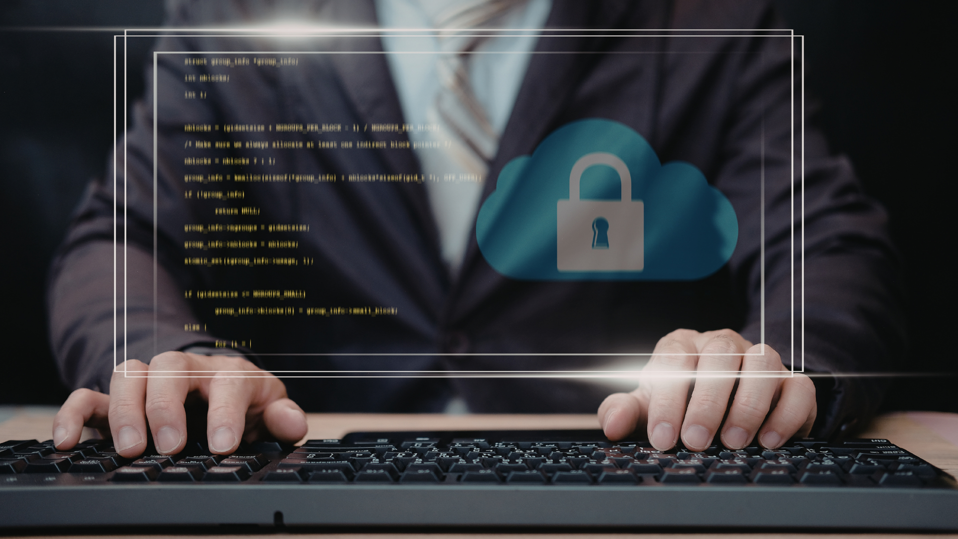 Person typing on a keyboard with a digital lock icon and code overlay, suggesting cybersecurity.