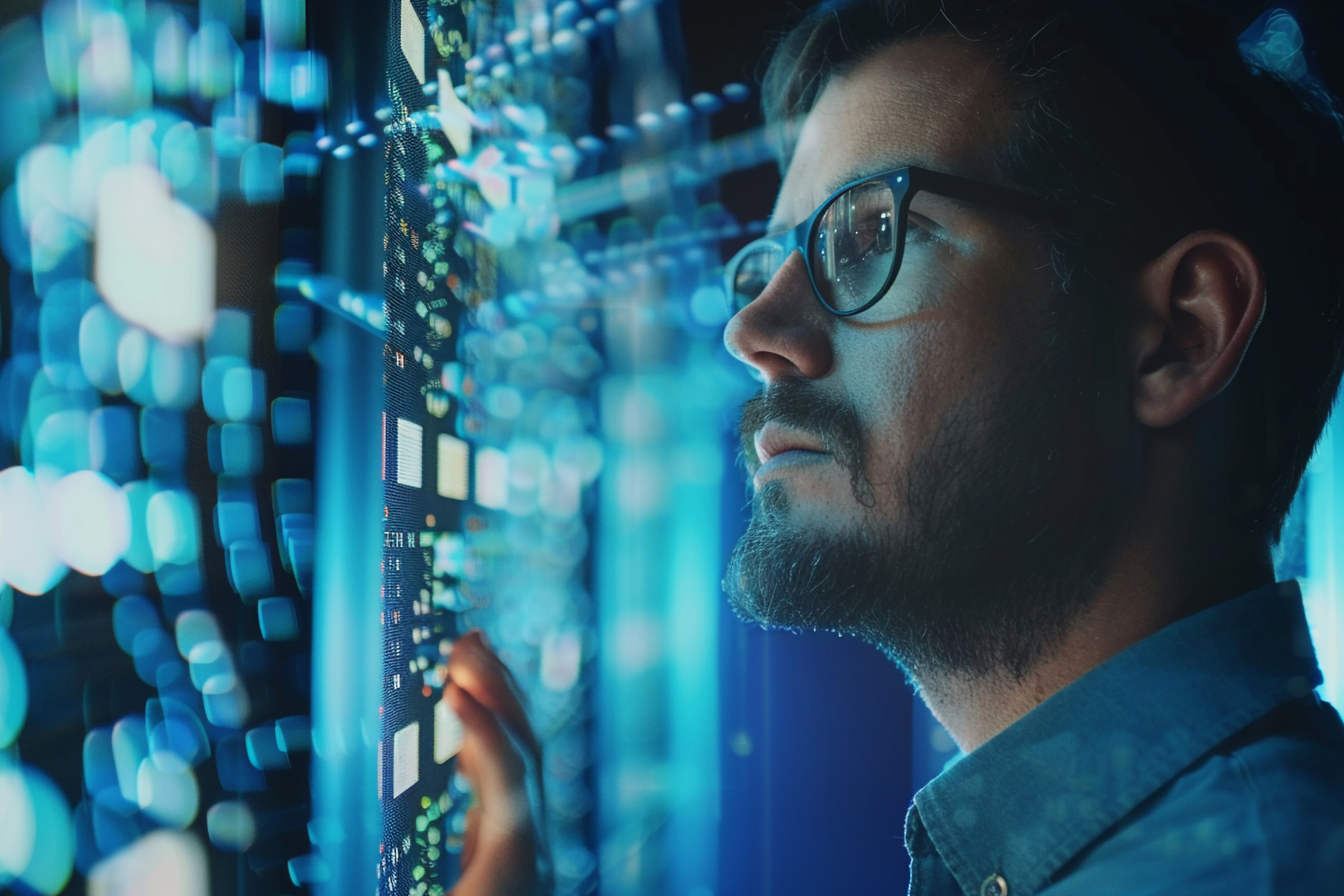 Person monitoring multiple data screens in a high-tech control room