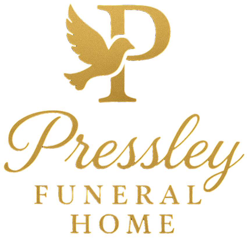 Gold logo for Pressley Funeral Home featuring a stylized dove perched on the letter P, with text below.