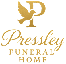 Gold logo for Pressley Funeral Home featuring a stylized dove perched on the letter P, with text below.