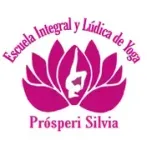 Logo rosa y blanco de Escuela Integral y Lúdica de Yoga Prósperi Silvia, con flor de loto estilizada.