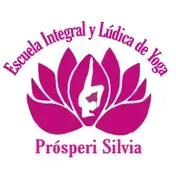 Logo rosa y blanco de Escuela Integral y Lúdica de Yoga Prósperi Silvia, con flor de loto estilizada.