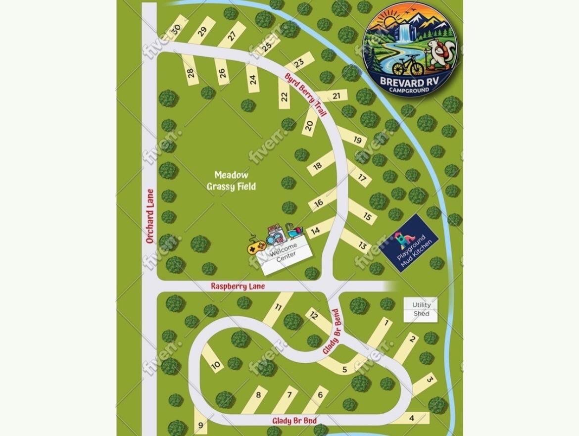 Illustrated map of a green campground with winding paths, trees, cabins, and labeled activity areas.
