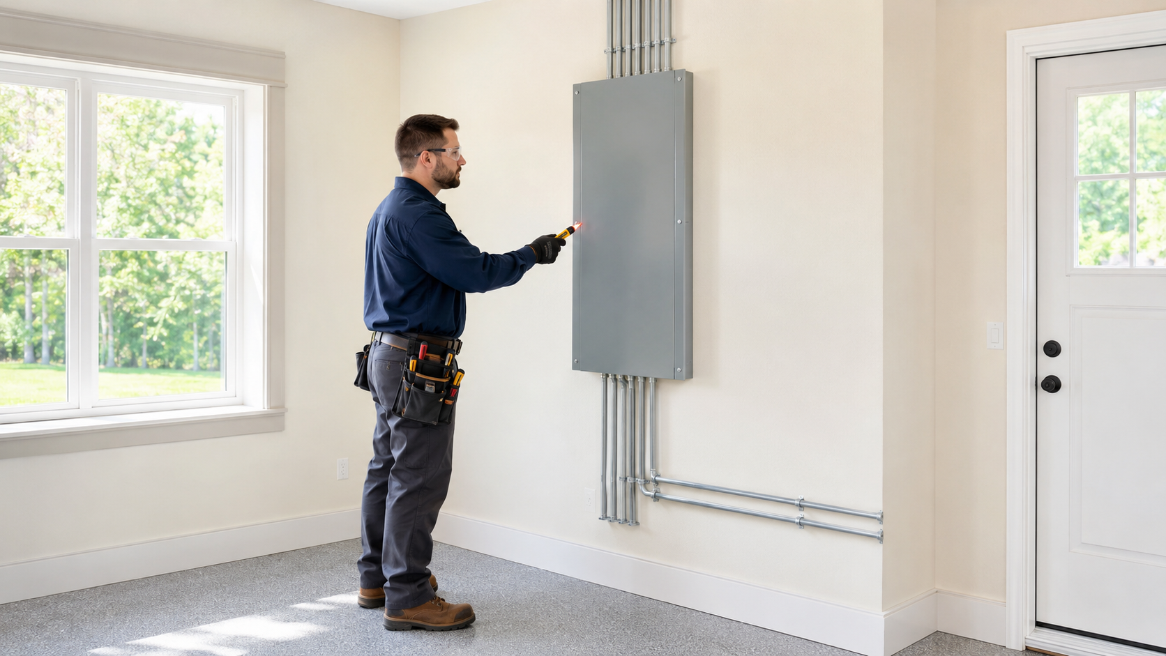 Electrician testing a completed residential electrical panel installation