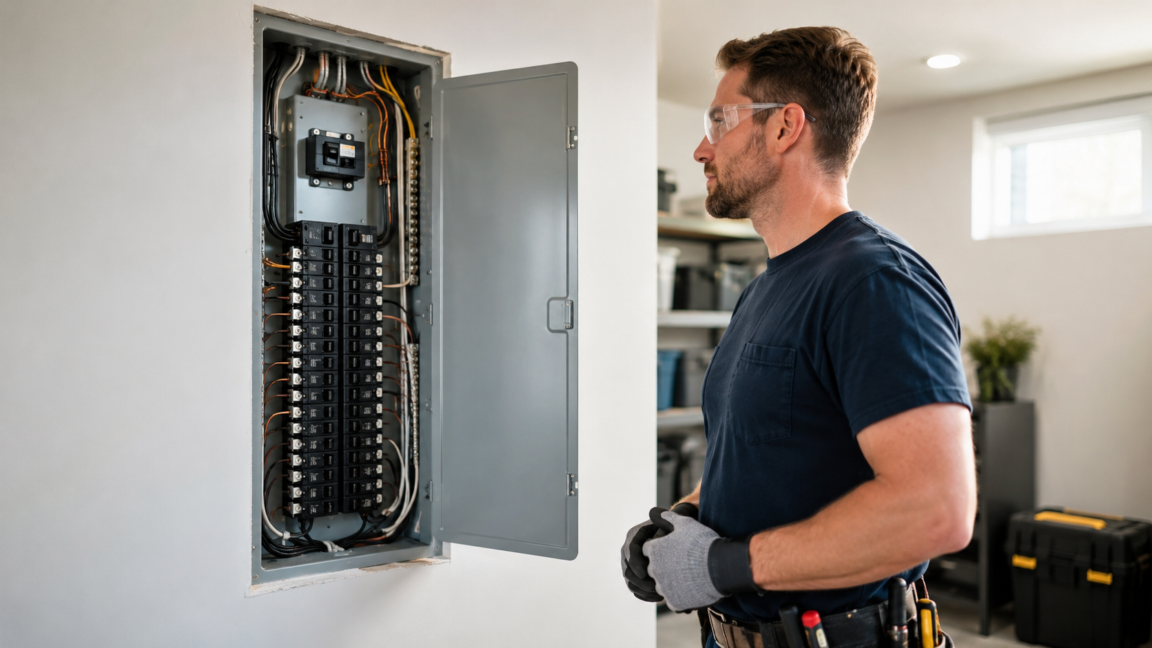 Electrician inspecting a newly completed residential electrical panel replacement