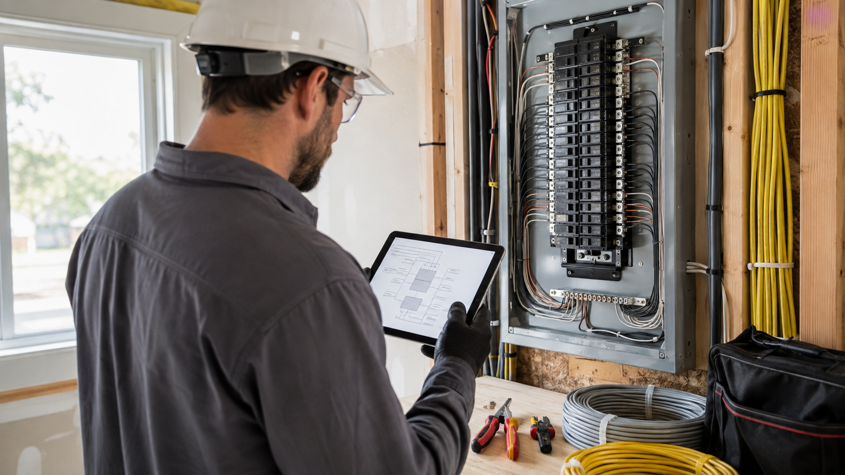 Electrician reviewing load plans beside a newly installed residential electrical panel