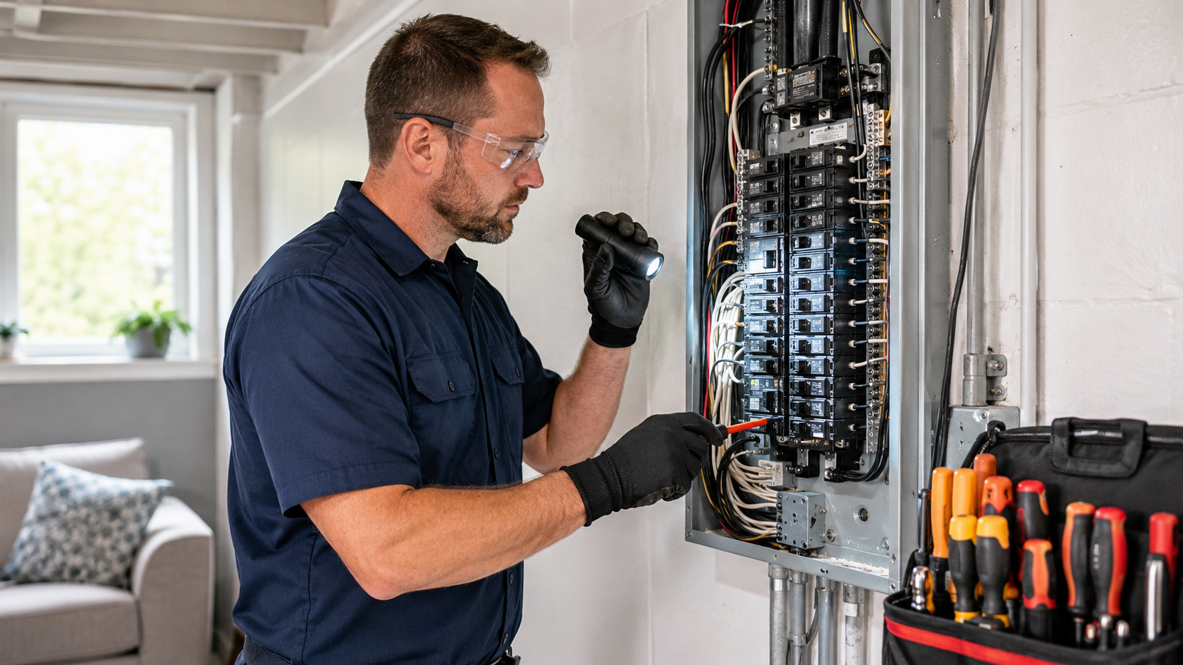 Electrician inspecting an older residential panel for electrical panel replacement