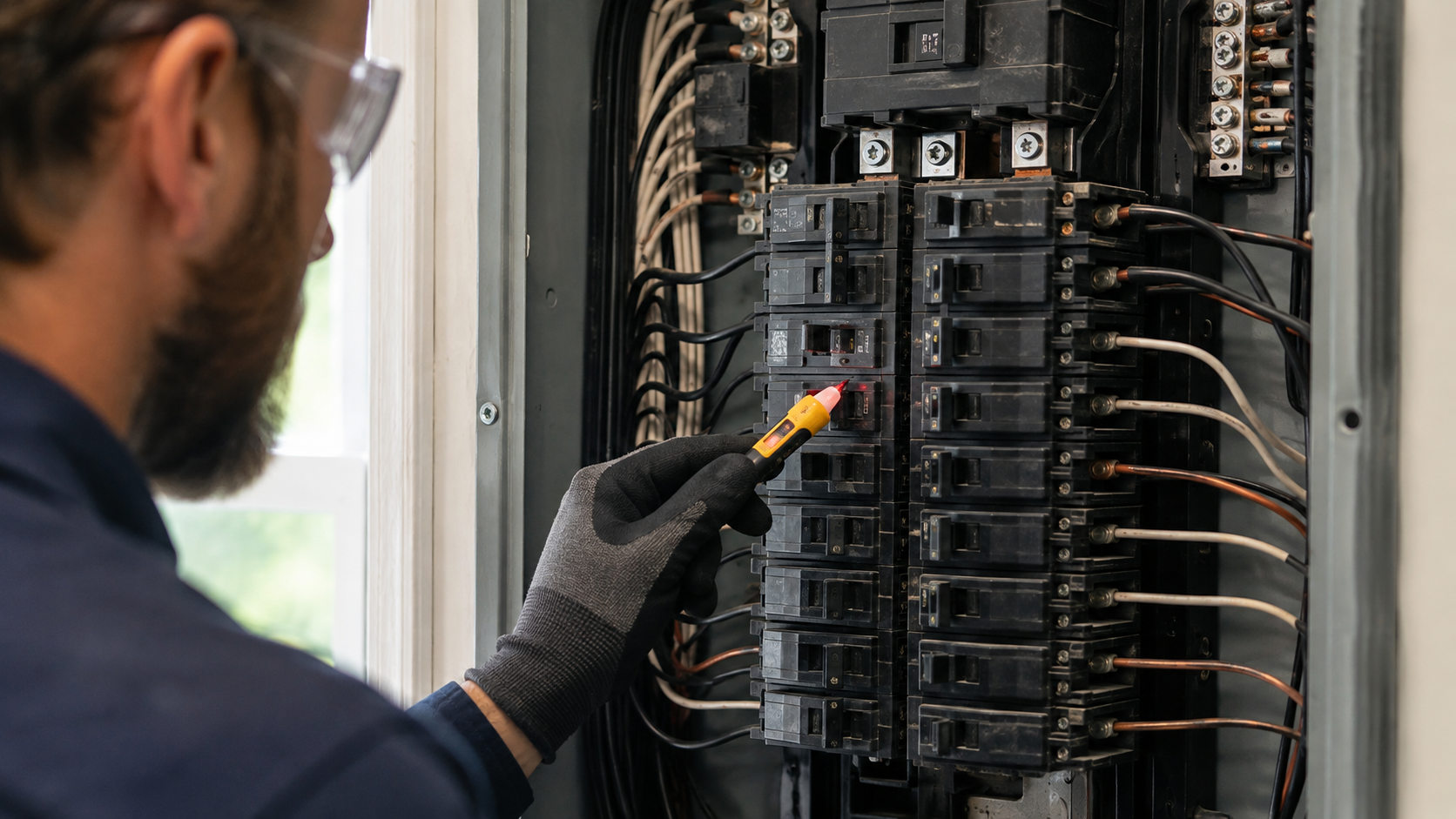 Licensed electrician testing an older residential circuit breaker panel