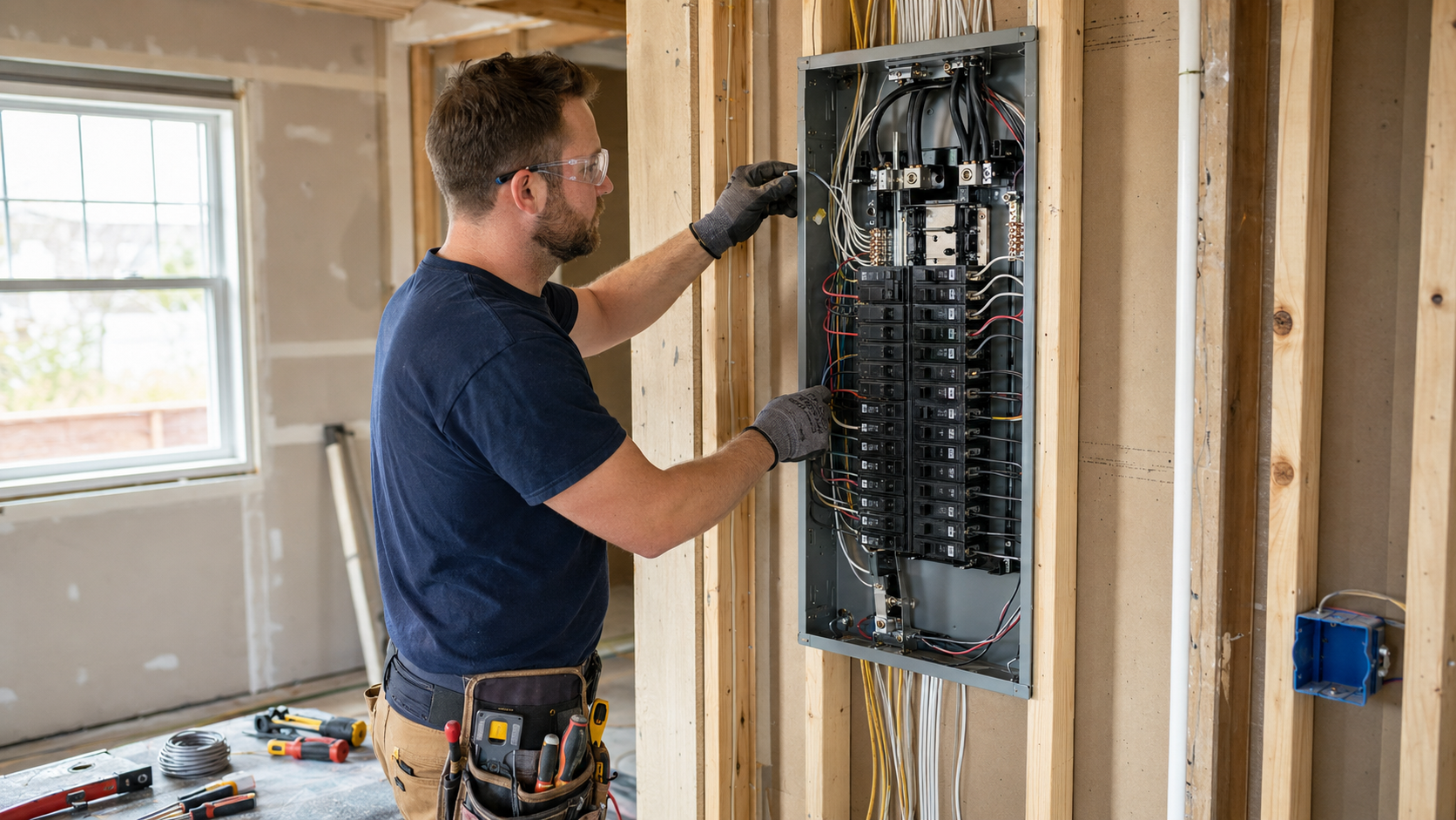 Electrician installing a new residential electrical panel during a home renovation
