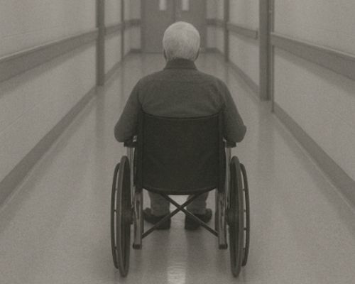 Rob in a wheelchair is walking down a hospital hallway.