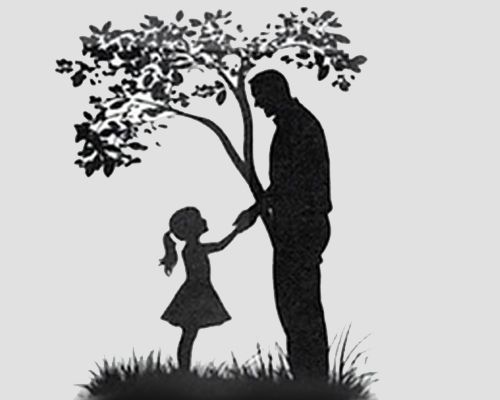 A silhouette of a father and daughter standing under a tree.