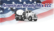 Logo for American Ready Mix LLC featuring a cement mixer truck silhouette against a waving American flag background.