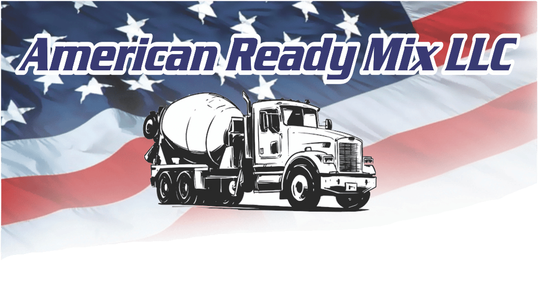 Logo for American Ready Mix LLC featuring a cement mixer truck silhouette against a waving American flag background.